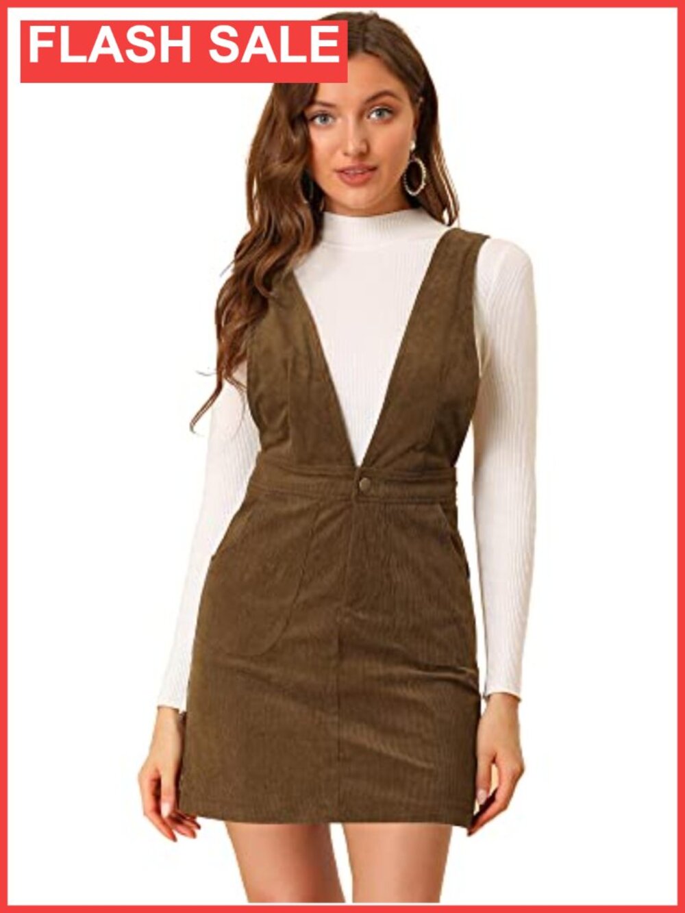Corduroy Overall V Neck Strap Mini Pinafore Dress Button Front